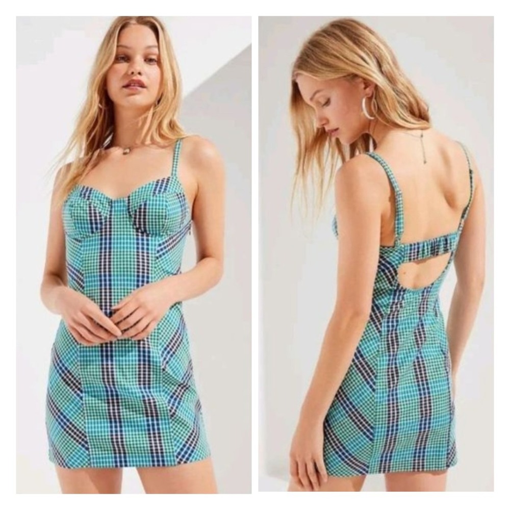 Urban Outfitters Plaid Bustier Blue Green Mini Dress M Stretchy Sleeveless